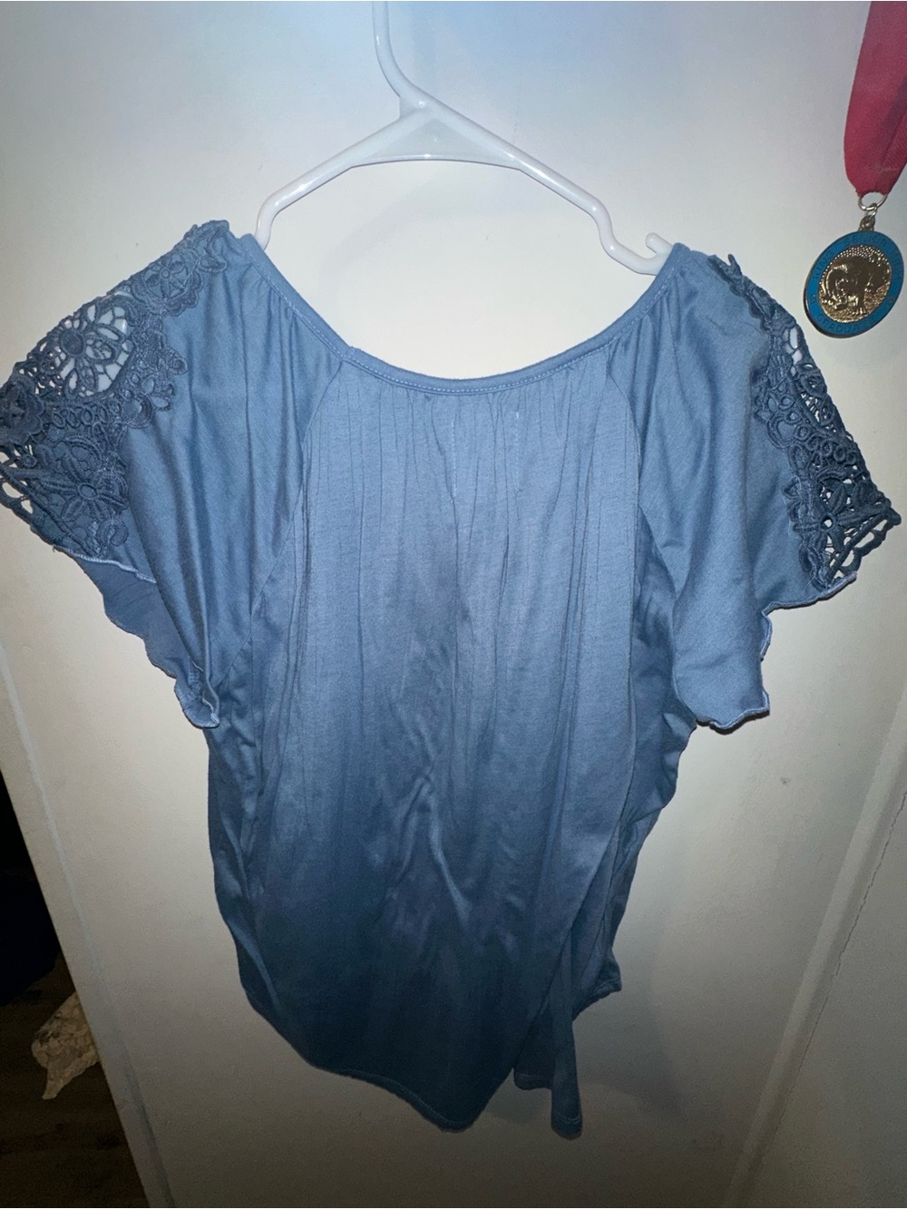 New York Laundry Dusty Blue Button-Front Crochet Sleeve Blouse - Picture 2 of 3